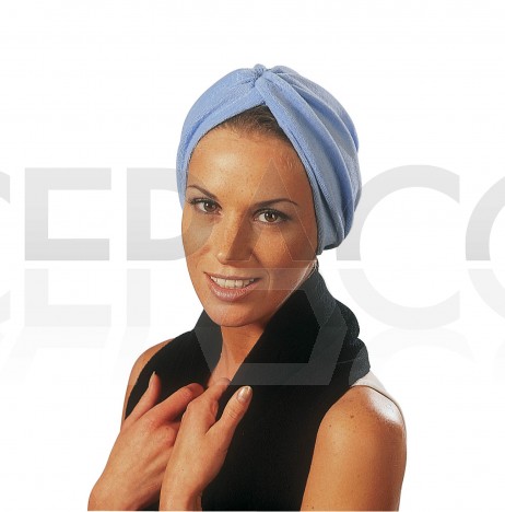 TURBAN EN STRETCH BLANC, NOIR ET BLEU CIEL